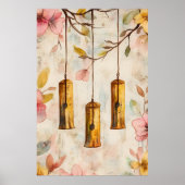 Wind chimes suspended from a flowering branch.  poster (Voorkant)