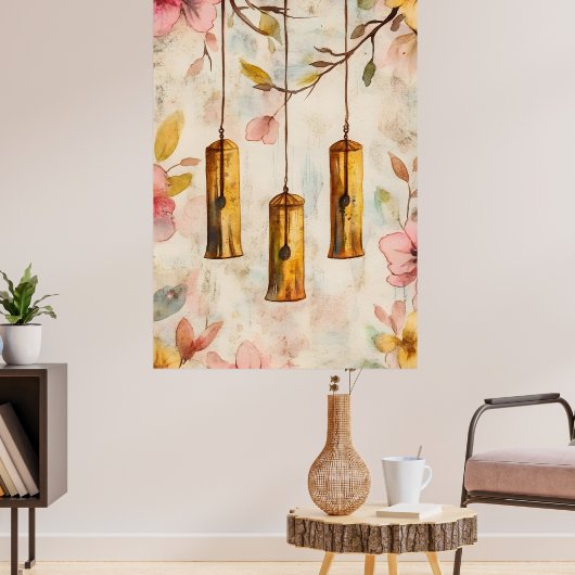Wind chimes suspended from a flowering branch.  poster (Woonkamer 3)