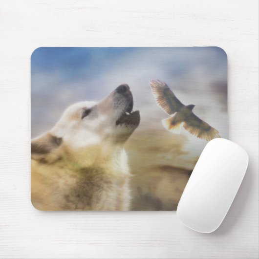 "Wind Talker" Wolf en Redtail Hawk Mousepad Muismat (Met muis)
