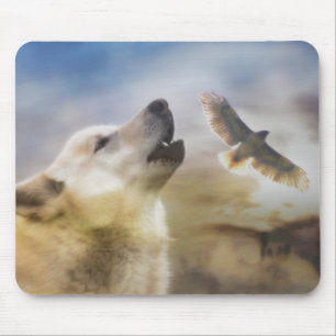 "Wind Talker" Wolf en Redtail Hawk Mousepad Muismat
