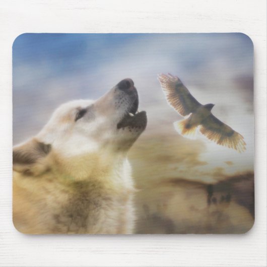 "Wind Talker" Wolf en Redtail Hawk Mousepad Muismat (Voorkant)
