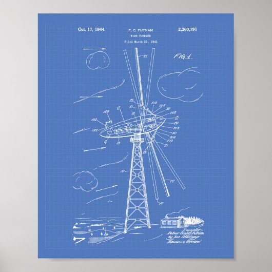 Wind Turbine 1944 Patent Art Blueprint Poster (Voorkant)