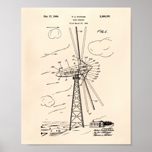 Wind Turbine 1944 Patent Art Old Peper Poster (Voorkant)