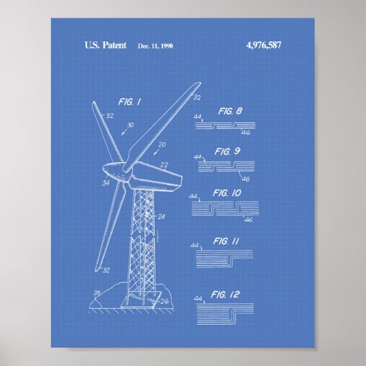Wind Turbine Rotor 1990 Patent Art Blueprint Poster (Voorkant)
