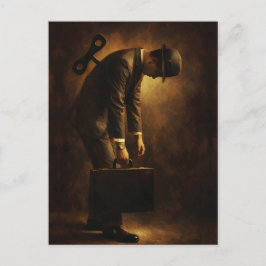 Wind-Up Office Man Surreal Routine Grind Oil Paint Briefkaart