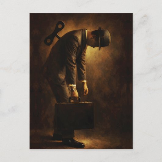 Wind-Up Office Man Surreal Routine Grind Oil Paint Briefkaart (Voorkant)