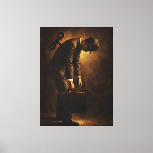 Wind-Up Office Man Surreal Routine Grind Oil Paint Canvas Afdruk (Voorkant)