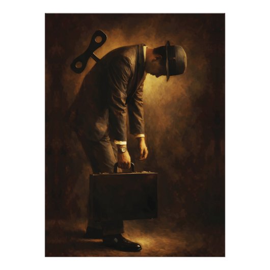 Wind-Up Office Man Surreal Routine Grind Oil Paint Foto Afdruk (Voorkant)
