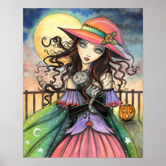 Wind van Halloween Fantasy Kunst Heks en Lapjeskat Poster (Voorkant)
