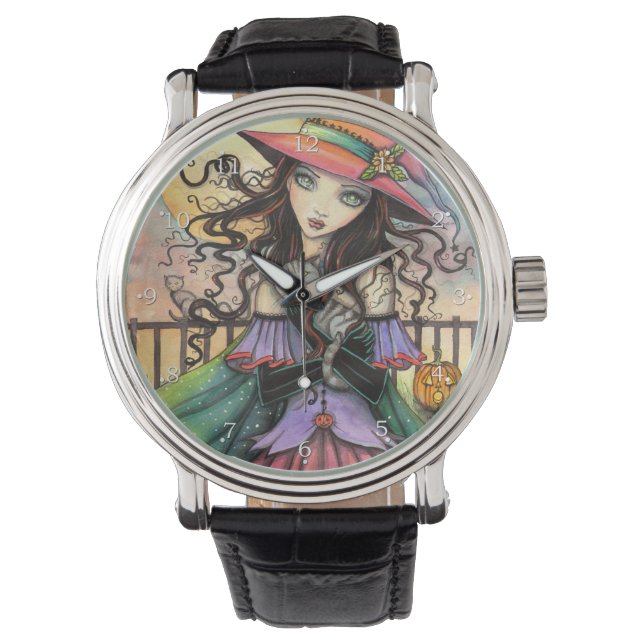 Winden van Halloween Fantasy Heks Kat Kunst Horloge (Voorkant)