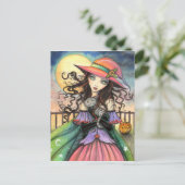 Winden van Halloween Witch Tabby Cat Art Briefkaart (Staand voorkant)