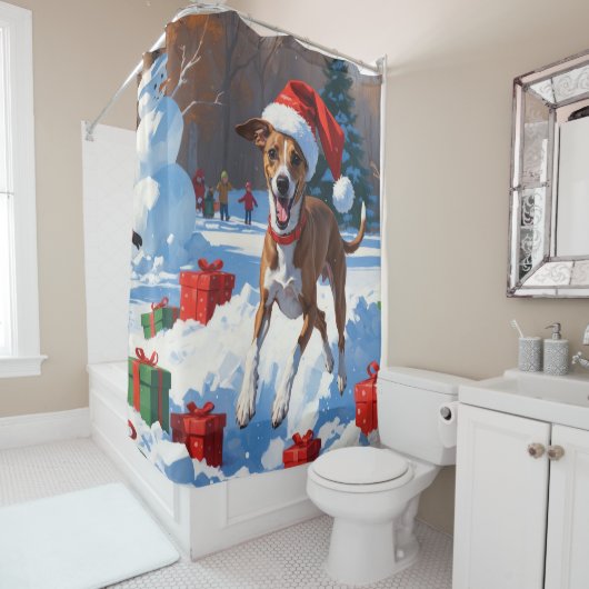 Windhond hardlopen in de sneeuw met kerst Pet Douchegordijn (In situ)