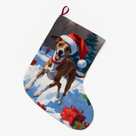 Windhond hardlopen in de sneeuw met kerst Pet Grote Kerstsok (Voorkant (Hangend))