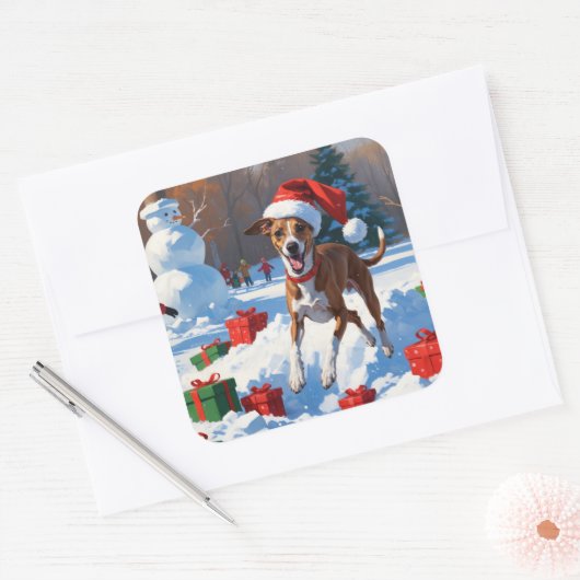 Windhond hardlopen in de sneeuw met kerst Pet Vierkante Sticker (Envelop)