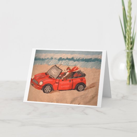 Windhond in rode cabriolet op het strand kaart (Voorkant)