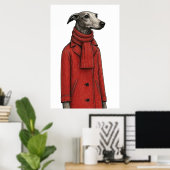 Windhond in winterjas, gestileerde tekening poster (Thuiskantoor)