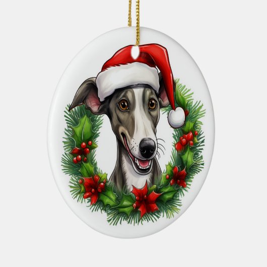 Windhond kerstkrans keramisch ornament (Rechts)