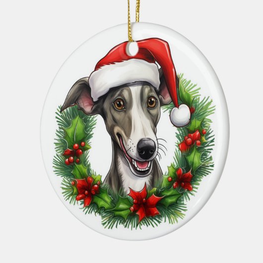 Windhond kerstkrans keramisch ornament (Links)
