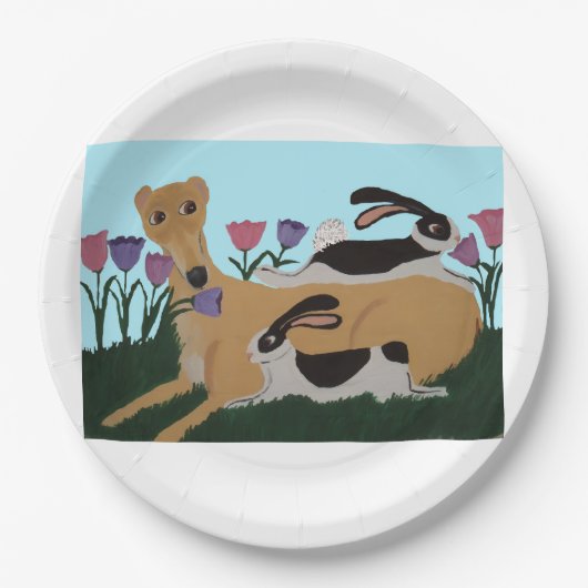 Windhond met konijnen papieren bordje (Voorkant)