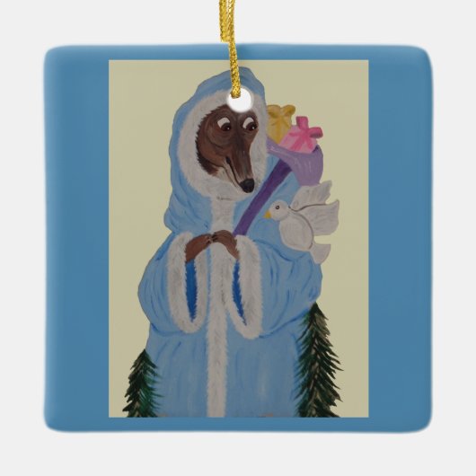 Windhond met witte duif keramisch ornament (Voorkant)