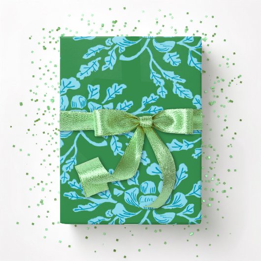 Winding Peony Woodcut in Green and Aqua Cadeaupapier