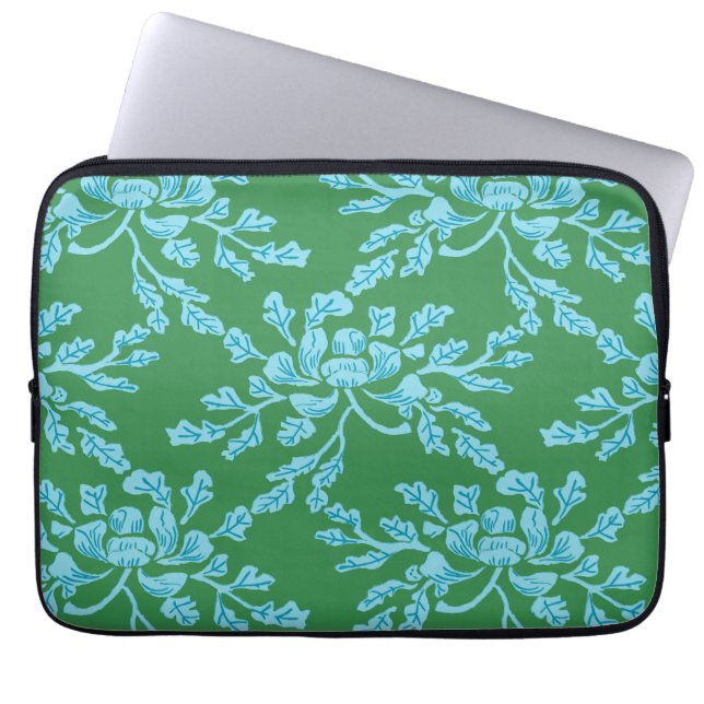Winding Peony Woodcut in Green and Aqua Laptop Sleeve (Voorkant)