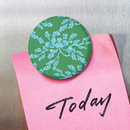 Winding Peony Woodcut in Green and Aqua Magnet