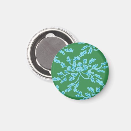 Winding Peony Woodcut in Green and Aqua Magnet (Voorkant / Achterkant)