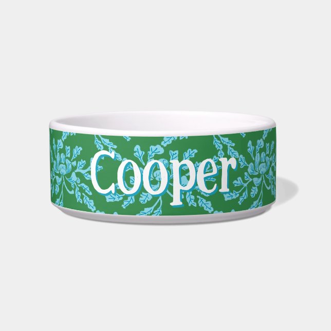 Winding Peony Woodcut in Green and Aqua Voerbakje (Voorkant)