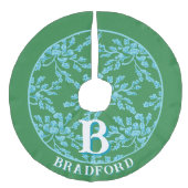 Winding Peony Woodcut in Green + Aqua Personalized Imitatie Linnen Kerstboom Kleed (Voorkant)