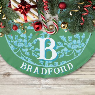 Winding Peony Woodcut in Green + Aqua Personalized Imitatie Linnen Kerstboom Kleed