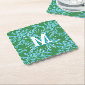 Winding Peony Woodcut in Green + Aqua Personalized Kartonnen Onderzetters (Gebogen)
