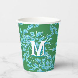 Winding Peony Woodcut in Green + Aqua Personalized Papieren Bekers
