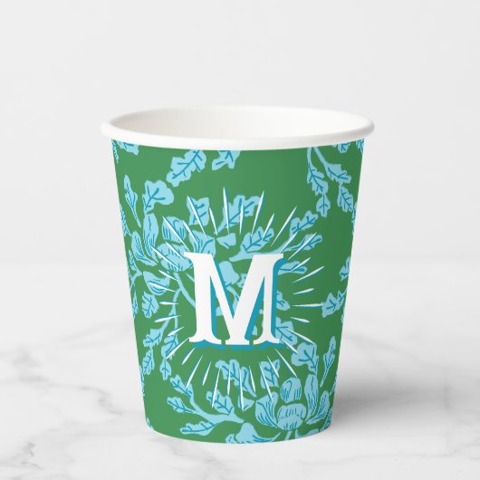 Winding Peony Woodcut in Green + Aqua Personalized Papieren Bekers (Voorkant)
