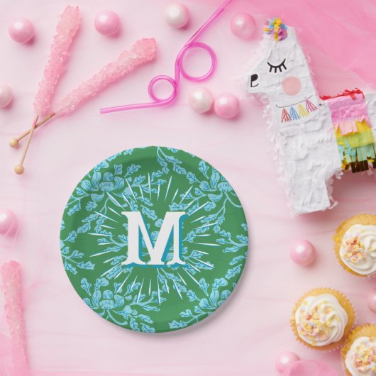 Winding Peony Woodcut in Green + Aqua Personalized Papieren Bordje (Feest)