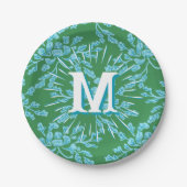 Winding Peony Woodcut in Green + Aqua Personalized Papieren Bordje (Voorkant)