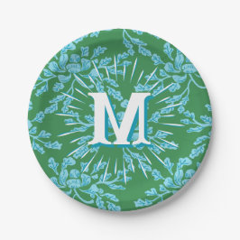 Winding Peony Woodcut in Green + Aqua Personalized Papieren Bordje