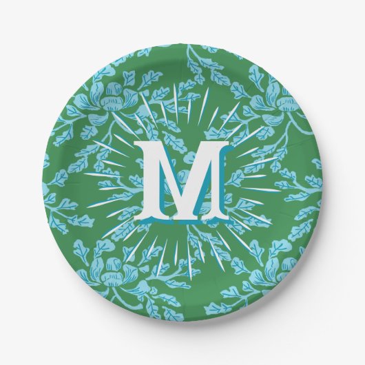 Winding Peony Woodcut in Green + Aqua Personalized Papieren Bordje (Voorkant)
