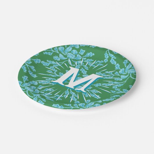 Winding Peony Woodcut in Green + Aqua Personalized Papieren Bordje (Gekanteld)