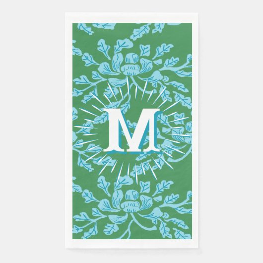 Winding Peony Woodcut in Green + Aqua Personalized Servet (Voorkant)