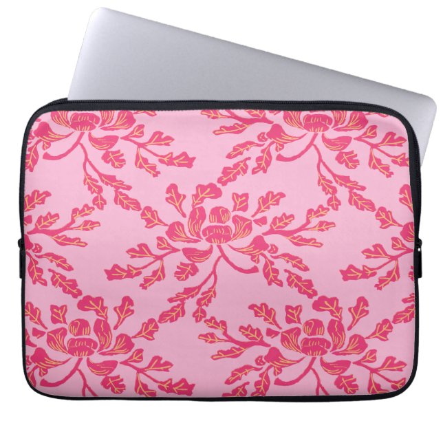Winding Peony Woodcut in Pink and Orange Laptop Sleeve (Voorkant)