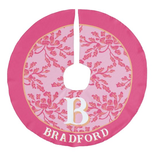 Winding Peony Woodcut Pink + Orange Personalized Imitatie Linnen Kerstboom Kleed (Voorkant)