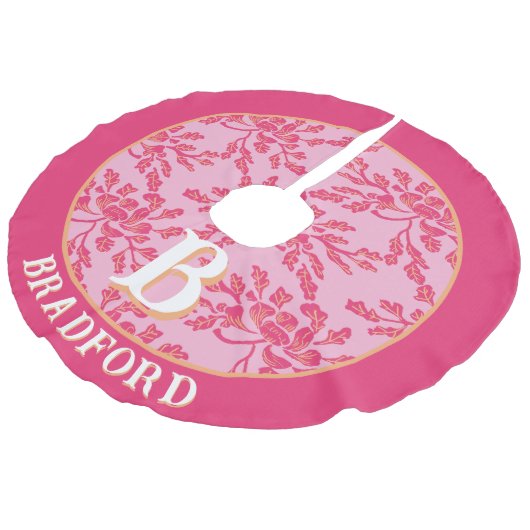 Winding Peony Woodcut Pink + Orange Personalized Imitatie Linnen Kerstboom Kleed (Gekanteld)
