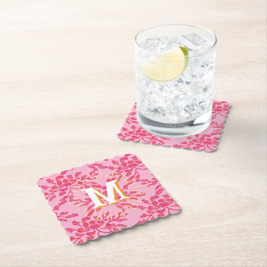 Winding Peony Woodcut Pink + Orange Personalized Kartonnen Onderzetters (Insitu)