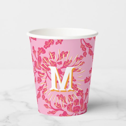 Winding Peony Woodcut Pink + Orange Personalized Papieren Bekers (Voorkant)