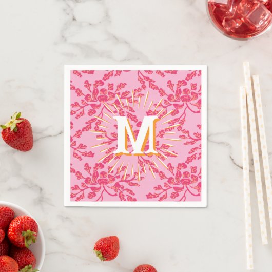Winding Peony Woodcut Pink + Orange Personalized Servet (Insitu)