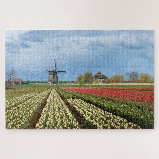 Windmill and tulips landscape in Holland Legpuzzel (Horizontaal)