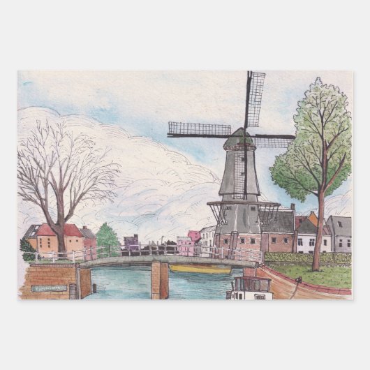 Windmill De Adriaan Haarlem Netherlands Waterverf Inpakpapier Vel (Voorkant)