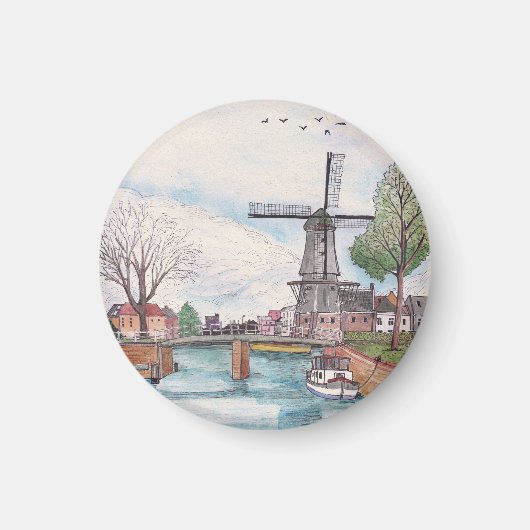 Windmill De Adriaan Haarlem Netherlands Waterverf Magneet (Voorkant)