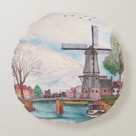 Windmill De Adriaan Haarlem Netherlands Waterverf Rond Kussen